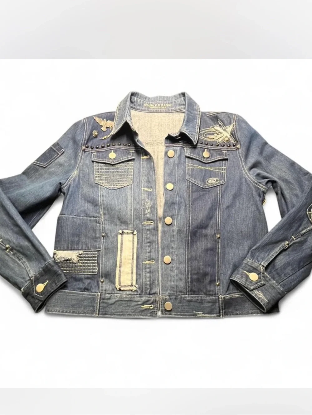 NWT Double D Ranch denim jacket with studs, turquoise charms, and patches, XL - Picture 3 of 12
